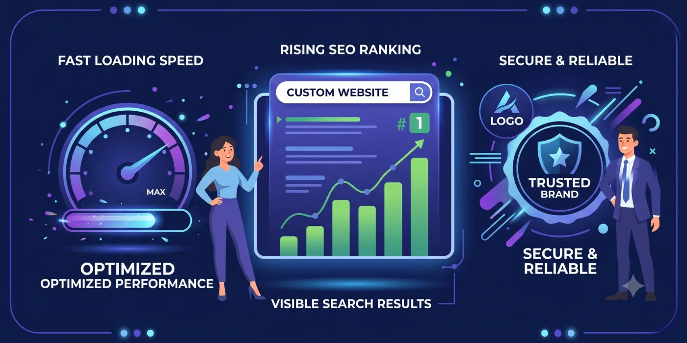 Tableau de bord montrant la performance, le référencement et la confiance générés par un site web personnalisé