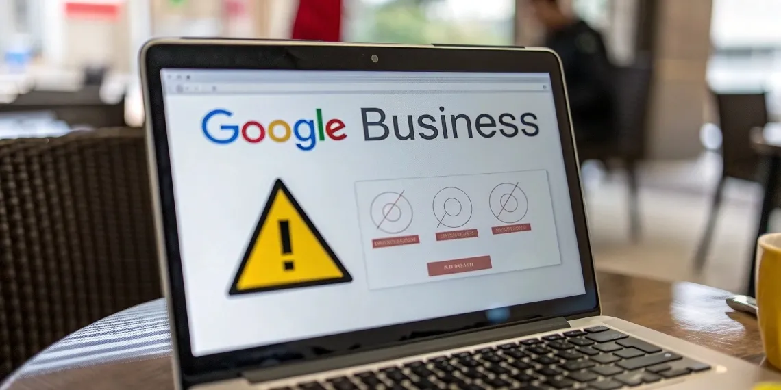 Illustration montrant un écran d'ordinateur avec des alertes de sécurité et tentatives de phishing Google Business