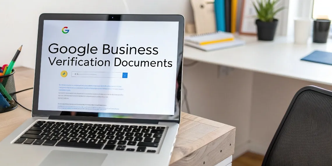 Écran d'ordinateur montrant le processus de récupération d'une fiche Google Business avec documents de vérification