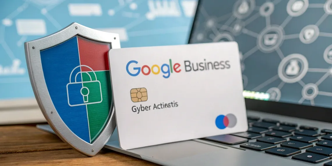 Illustration montrant un bouclier protégeant une fiche Google Business contre des attaques informatiques