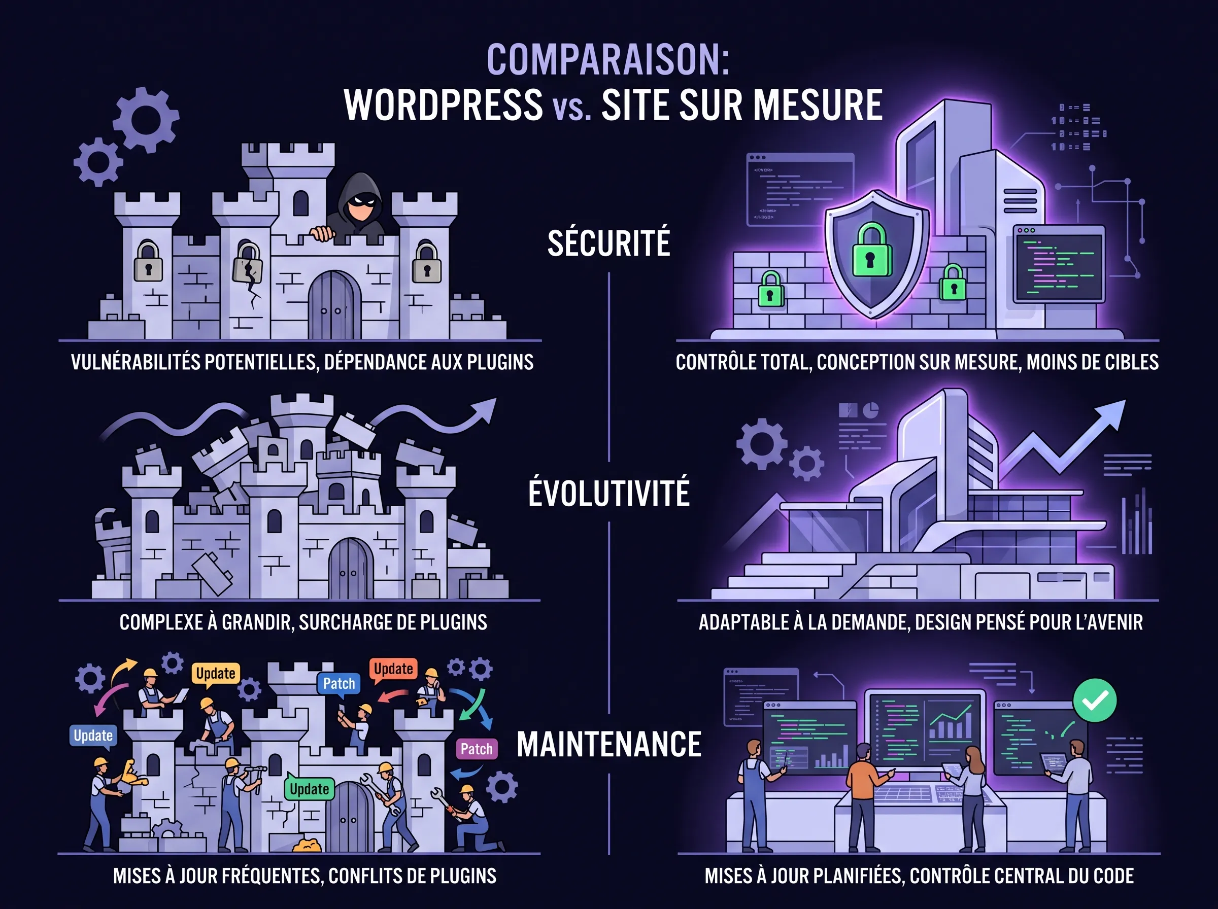 Comparaison de la sécurité, de l'évolutivité et de la maintenance entre un site WordPress et un site sur mesure