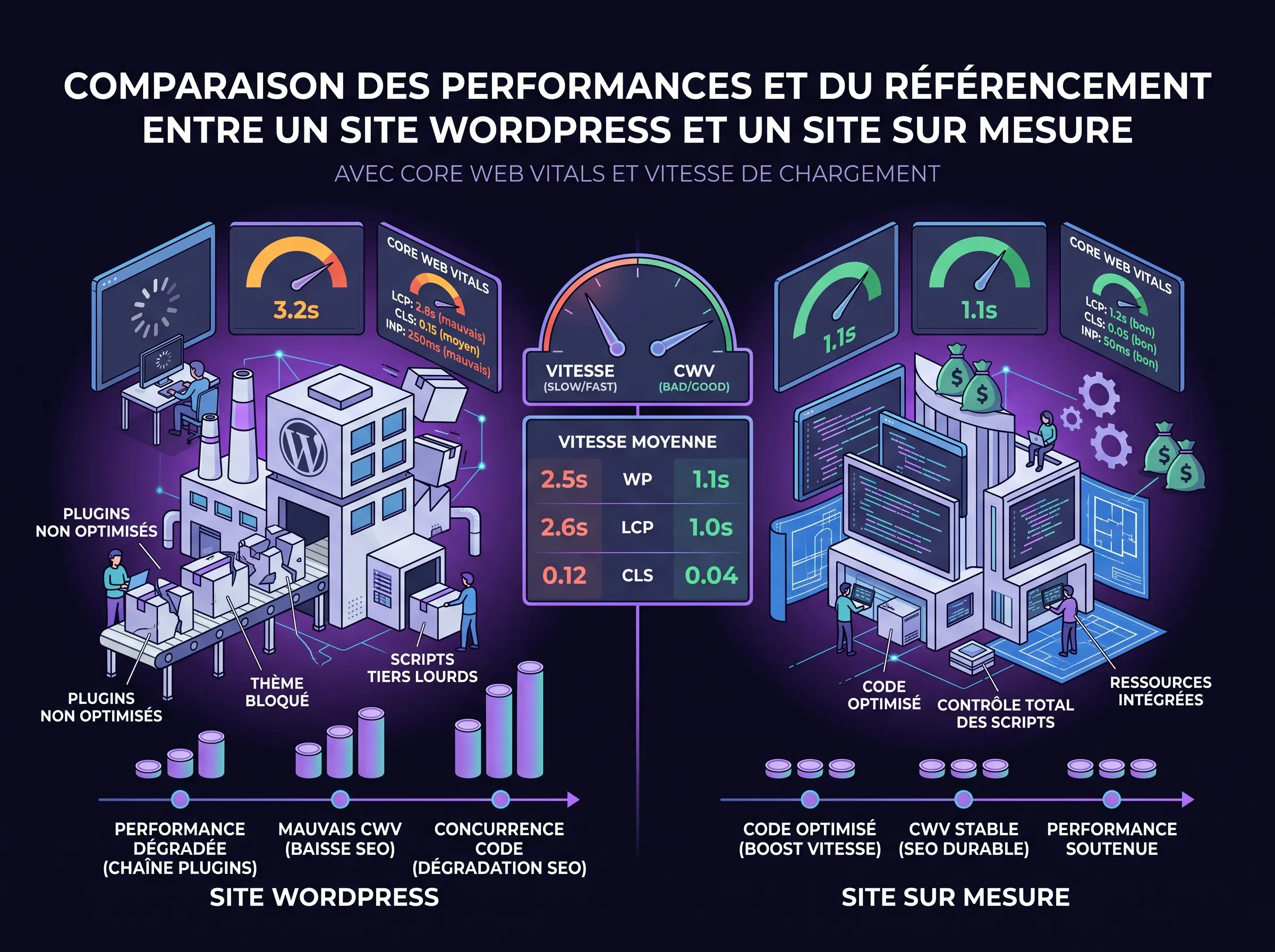 Comparaison des performances et du référencement entre un site WordPress et un site sur mesure, avec Core Web Vitals et vitesse de chargement
