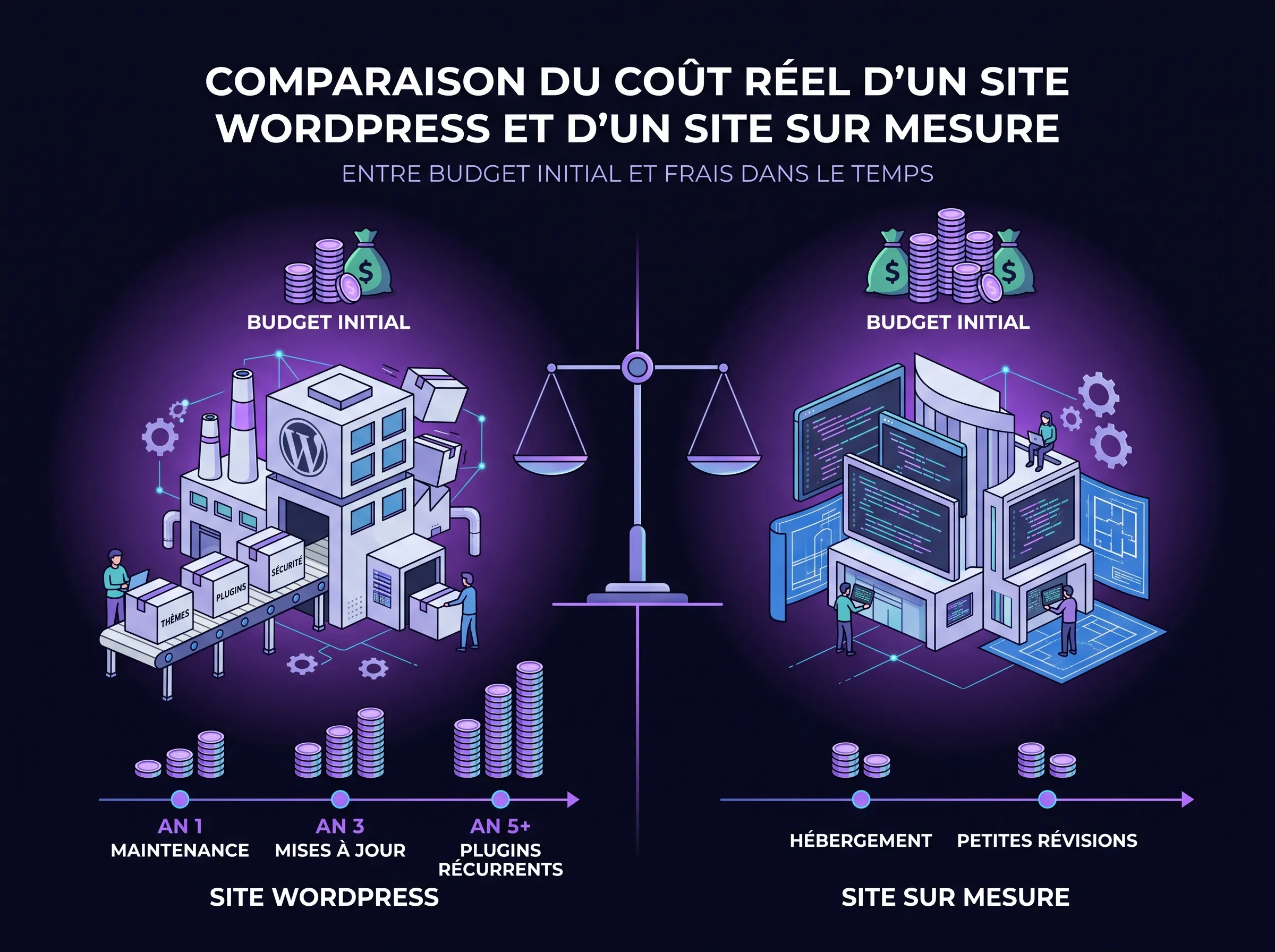 Comparaison du coût réel d'un site WordPress et d'un site sur mesure, entre budget initial et frais dans le temps