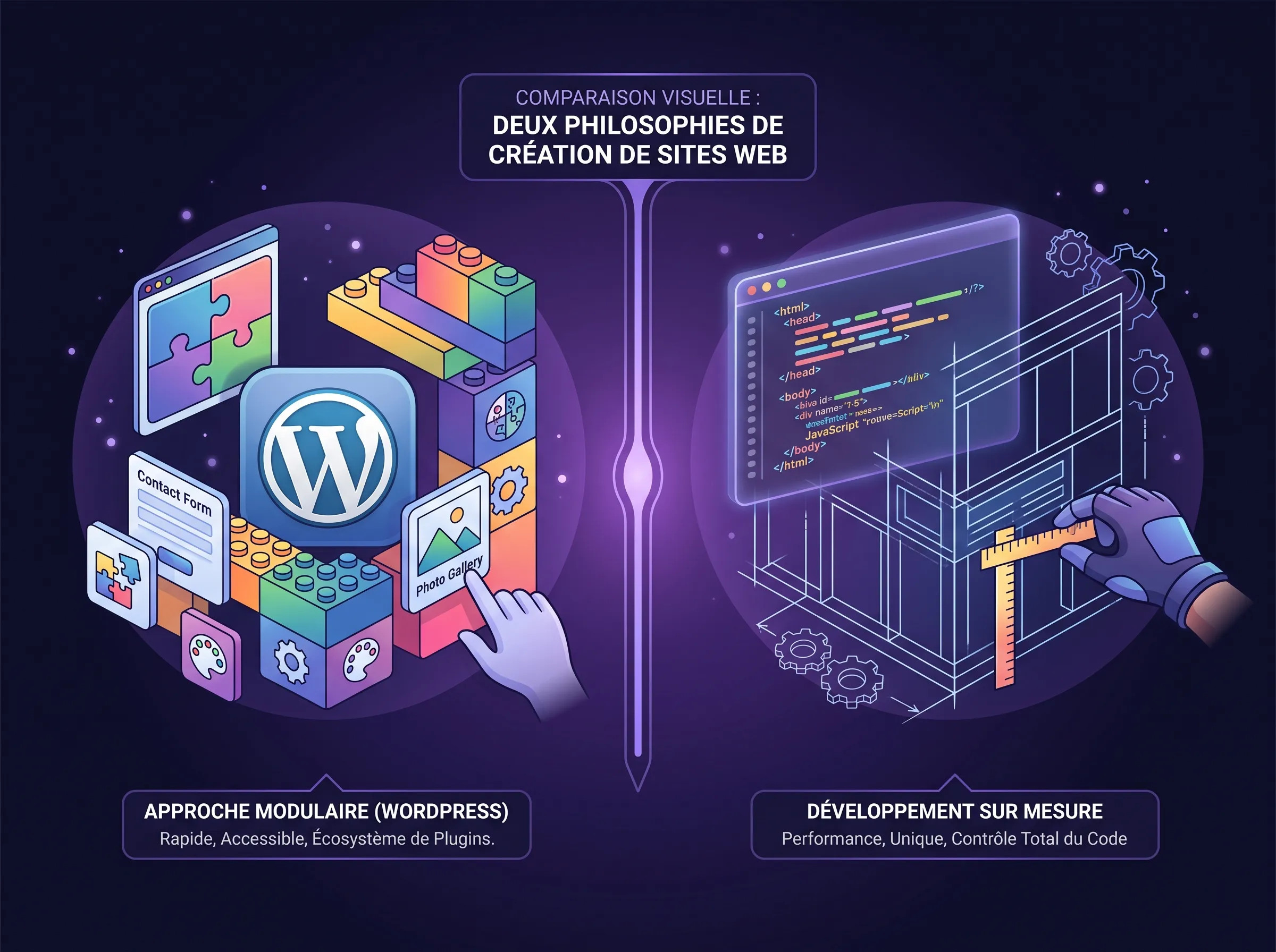 Comparaison visuelle entre WordPress et le développement sur mesure, deux philosophies de création de sites web